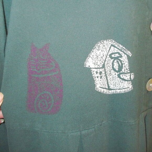 Vtg 70s Cat Lady T-Shirt Dress Size L Maxi Bird House Stretch Pleated Prairie - Picture 3 of 13